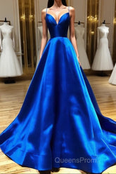 Royal Blue Satin A Line V Neck Long Evening Prom Dress