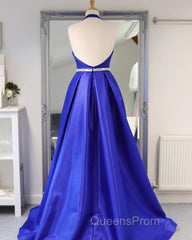 Royal Blue Satin Deep V Neck Simple Long Evening Prom Dress Backless Party Dress