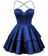 Royal Blue Satin Homecoming Dress Sweetheart Neck Tiered Short Graduation Dresses