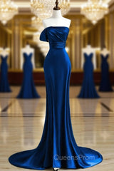 Royal Blue Satin Mermaid Scoop Long Party Dress, Royal Blue Evening Prom Dress