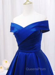 Royal Blue Satin Sweetheart Off Shoulder Long Formal Dress, A-Line Evening Prom Dress