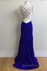 Royal Blue Satin V Neck Mermaid Evening Dress With Cross Back