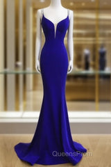 Royal Blue Satin V Neck Mermaid Evening Dress With Cross Back