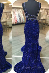 Royal Blue Sequin Beaded Mermaid Evening Prom Dress Spaghetti Straps
