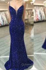 Royal Blue Sequin Beaded Mermaid Evening Prom Dress Spaghetti Straps