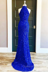 Royal Blue Sequin Halter Long Formal Dress with Slit Evening Prom Dress