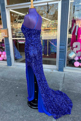 Royal Blue Sequin One-Shoulder Backless Long Prom Dresses with Slit,Evening Party Dress