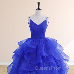 Royal Blue Spaghetti Strap Quinceanera Dress V-neck with Ruffles