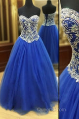 Royal Blue Tulle Beaded Long Evening Prom Dress, Blue Evening Dress
