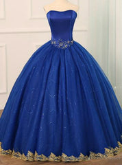 Royal Blue Tulle Strapless Appliques Formal Quinceanera Dresses