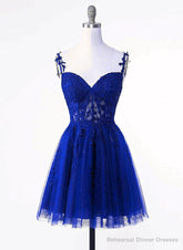Royal Blue Tulle with Lace Applique Short Formal Dress, Royal Blue Homecoming Dress