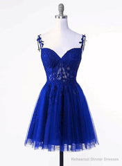 Royal Blue Tulle with Lace Applique Short Formal Dress, Royal Blue Homecoming Dress
