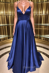 Royal Blue V Neck Backless Satin Long Evening Prom Dress, Royal Blue Formal Dress, Backless Royal Blue Evening Dress