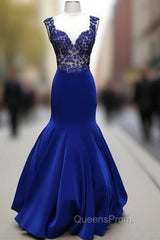 Royal Blue V Neck Mermaid Long Evening Prom Dress, Blue Evening Dress