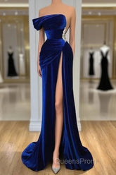 Royal Blue Velvet Trumpet Mermaid Evening Prom Dress With Slit