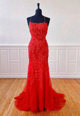 Red Lace Long Prom Dresses, Mermaid Evening Dresses