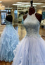 Blue Tulle Long A-Line Prom Dresses, Lace Evening Dresses