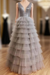 Ruffles Tulle V Neck Gray Sequin Long Evening Prom Dress
