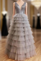 Ruffles Tulle V Neck Gray Sequin Long Evening Prom Dress