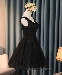 Black V Neck Lace Short Evening Prom Dress, Homecoming Dress, Homecoming Dress