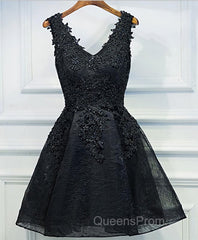 Black V Neck Lace Short Evening Prom Dress, Homecoming Dress, Homecoming Dress