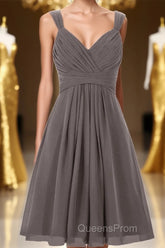 Simple A-line V Neck Short Chiffon Grey Bridesmaid Dress