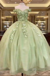Sage Ball Gown 3D Flowers Off The Shoulder Dress