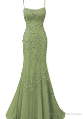 Sage Green Lace Appliques Dresses Long Prom Dress Mermaid Spaghetti Straps Evening Dress