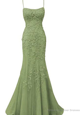Sage Green Lace Appliques Long Prom Dress Mermaid Spaghetti Straps Evening Dresses