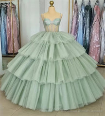 Sage Green Luxury Tiered Tulle Ruffles Beaded Ball Gown Quinceanera Dress