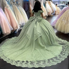 Sage Green Princess Quinceanera Dress Ball Gown Applique Off Shoulder Sweet 16 Evening Prom Dress