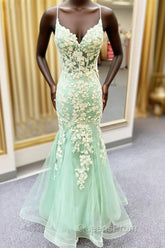 Sage Green Spaghetti Straps Mermaid Evening Prom Dress With Appliques