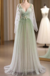 Sage Green Tulle Long Sleeve 3D Flower Evening Prom Dress