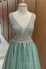 Sage Green Tulle V Neck Beaded Dress