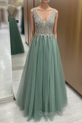 Sage Green Tulle V Neck Beaded Dress