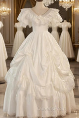 Satin Ball Gown Puffy Sleeves White V-Neck Wedding Dress
