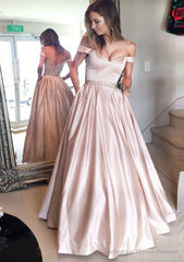 Satin Prom Dresses A-Line/Princess Off-The-Shoulder Long/Floor-Length With Beaded