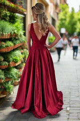 Satin Prom Dresses A-Line/Princess Scoop Neck Sweep Train With Appliqued