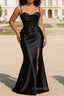 Satin Spaghetti Straps Black Prom Dress with Corset