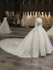 Scoop Long Sleeves Tulle Applique With Beading Chapel Train Ball Gown Wedding Dress