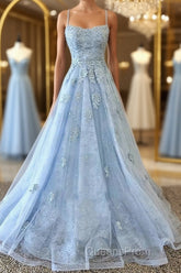 Scoop Neck Light Blue Backless Lace Evening Prom Dress, Scoop Neck Blue Lace Formal Evening Dress