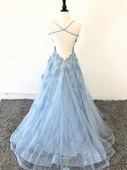 Scoop Neck Light Blue Backless Lace Evening Prom Dress, Scoop Neck Blue Lace Formal Evening Dress