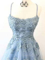 Scoop Neck Light Blue Backless Lace Evening Prom Dress, Scoop Neck Blue Lace Formal Evening Dress