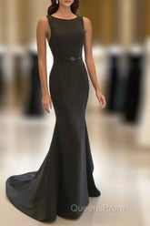 Scoop Neck Long Black Satin Mermaid Evening Dress