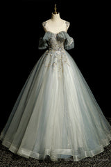 Scoop Neckline Tulle Long Formal Dress with Beaded, A-Line Evening Dress