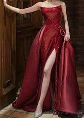 Sequin Mermaid Strapless Sleeveless Party Dress Red Long Prom Dresses