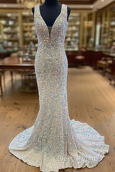 Sequin White Iridescent Formal Dress Cheap V Neck Sleeveless Evening Prom Dress Uk