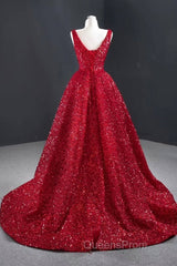 Sequins Asymmetrical Red Evening Dress Sleeveless Deep-V Evening Prom Formal Dress
