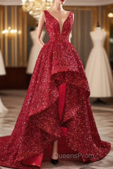 Sequins Asymmetrical Red Evening Dress Sleeveless Deep-V Evening Prom Formal Dress