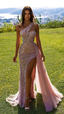 Pink Glitter Sequin Mermaid Long One Shoulder Applique High Slit Classy Prom Dress Tulle Trailing Classy Evening Gown Party Dress